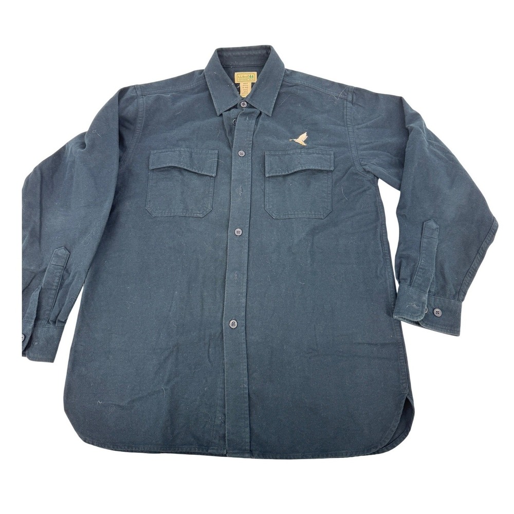 LL Bean Chamois Flannel Shirt Mens M Navy Blue Mallard Duck Embroidered Rugged